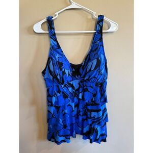 Magic Suit Blue Black Abstract Print Tiered Ruffle Tankini Swim Top Size 14